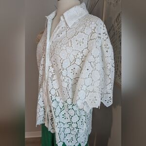 Anthropologie Cutout Lace Short-Sleeve Buttondown Shirt